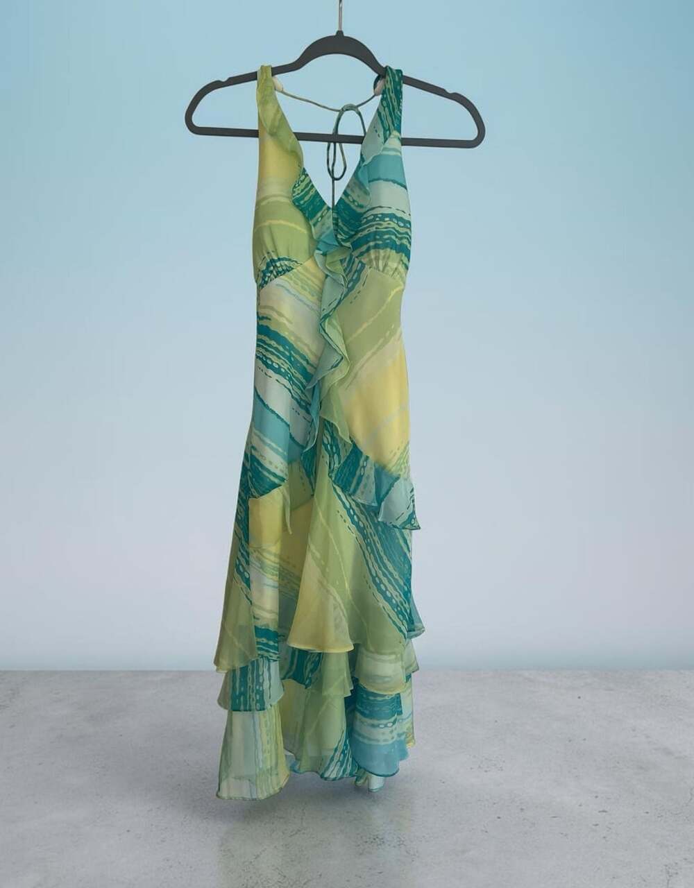 Sangria Halter Dress Size 8 Green Blue Striped Ruffle Y2K Fairy